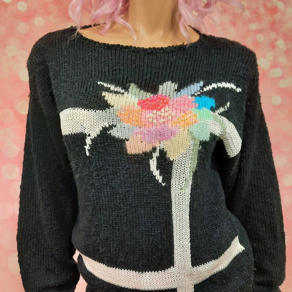 Vintage 80s Sequin Floral Sweater Size  M Black White Pastel Acrylic Rayon